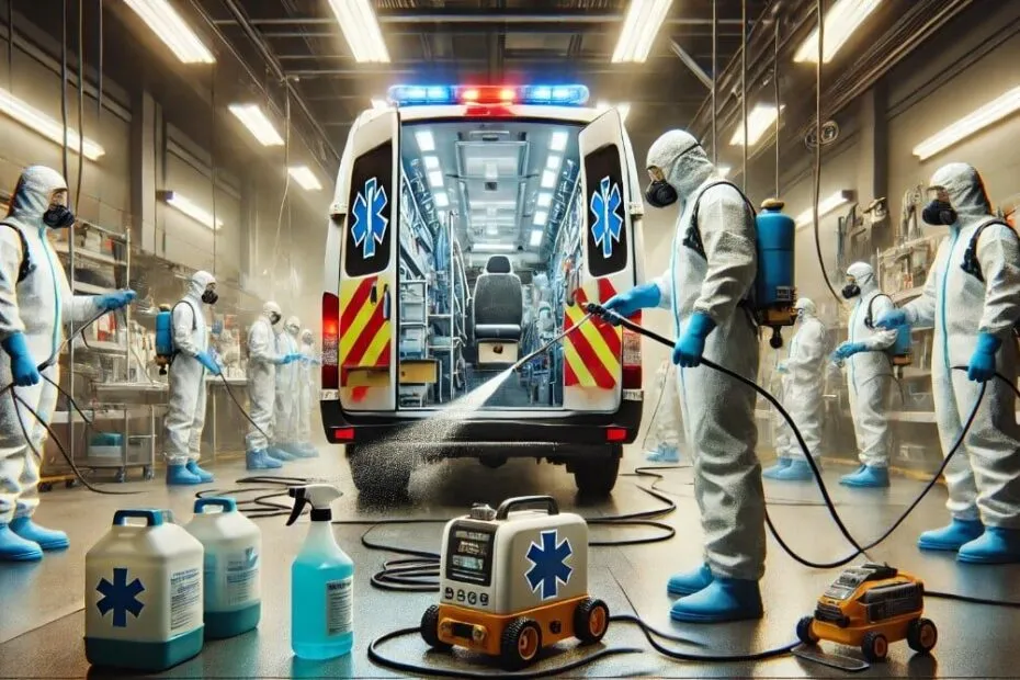foto sanificazione ambulanza in fase di sanificazione