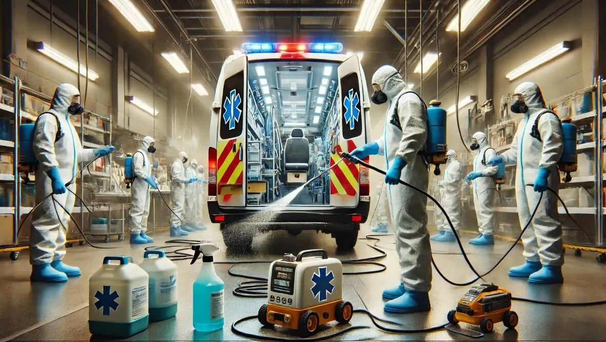foto sanificazione ambulanza in fase di sanificazione